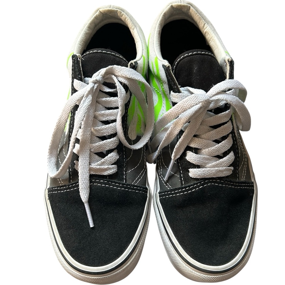 Black and Neon Green Flame Vans